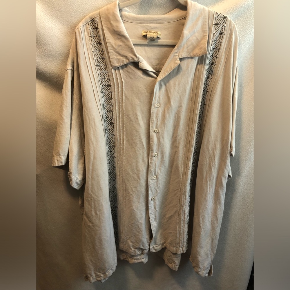 Linen blend oversized big and tall Hawaiian camp shirt embroidered pin tuck 5X